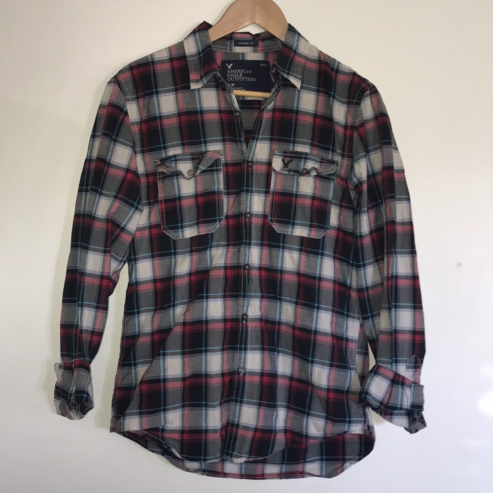 Red, black, white, & blue long sleeve plaid